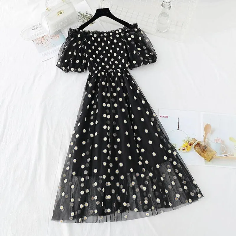 Small Daisies Embroidery Mesh Dresses
