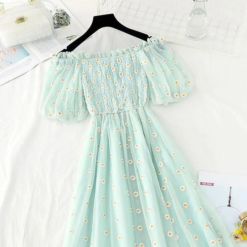 Small Daisies Embroidery Mesh Dresses