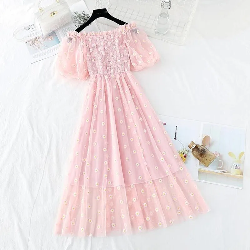 Small Daisies Embroidery Mesh Dresses