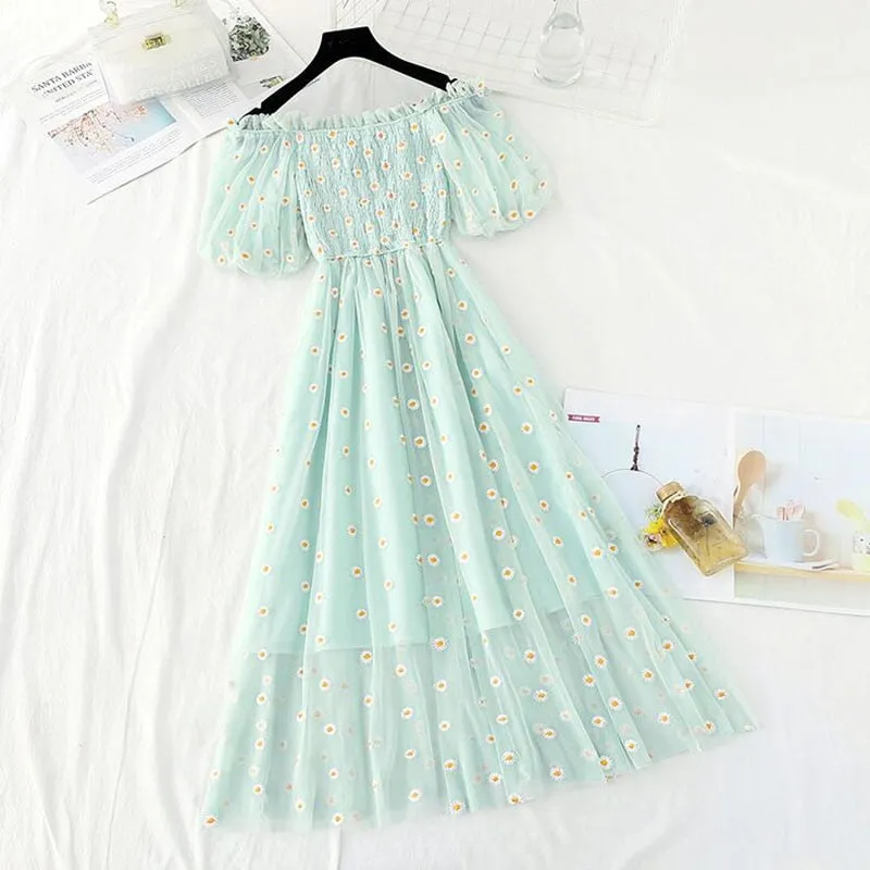 Small Daisies Embroidery Mesh Dresses