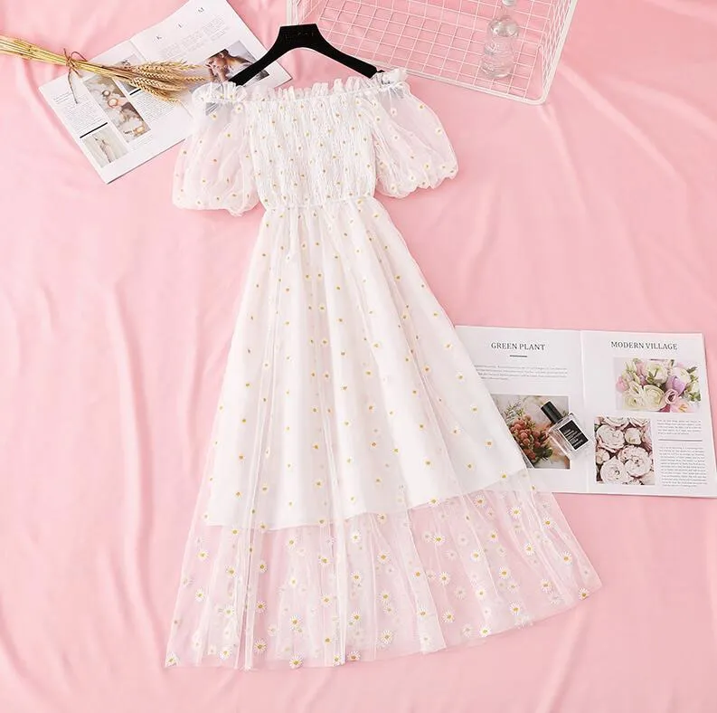 Small Daisies Embroidery Mesh Dresses