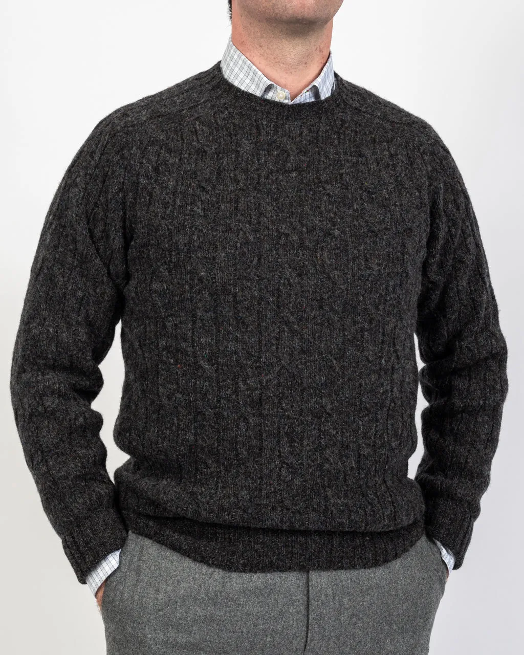 Smoulder Charcoal Crew Neck Cable Shetland Sweater
