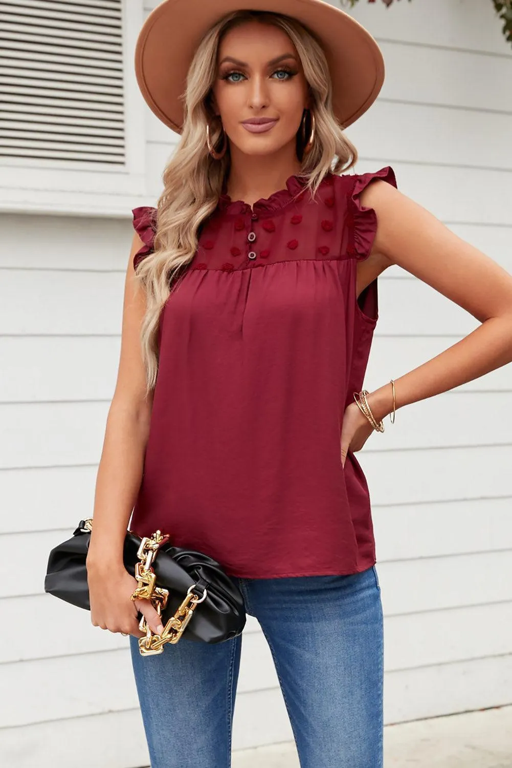 Striking Appeal Swiss Dot Cap Sleeve Blouse