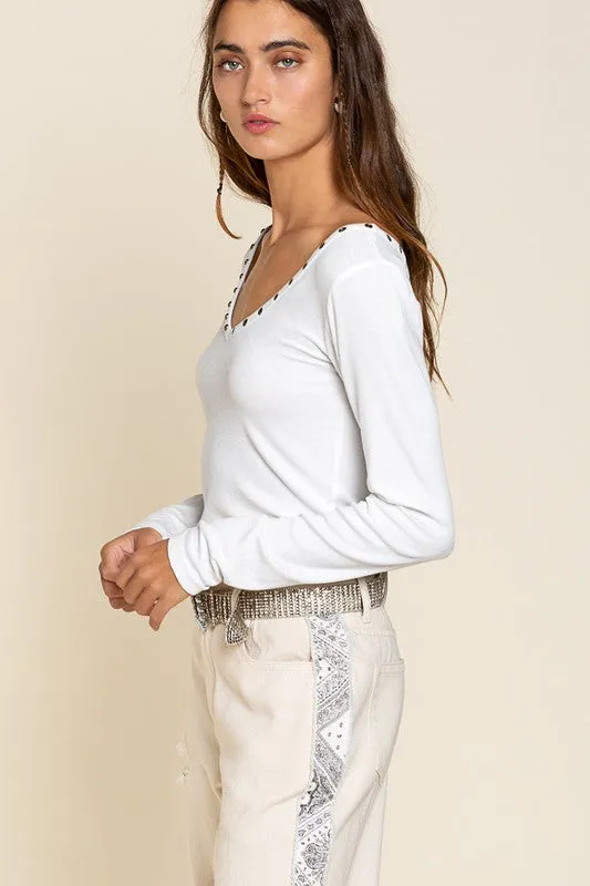 Studded Ribbed V-Neck Top - POL