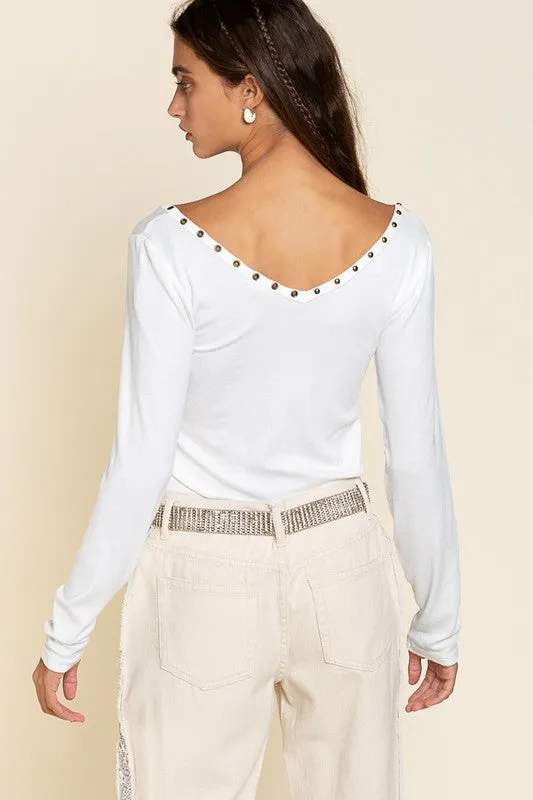 Studded Ribbed V-Neck Top - POL
