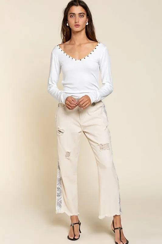 Studded Ribbed V-Neck Top - POL