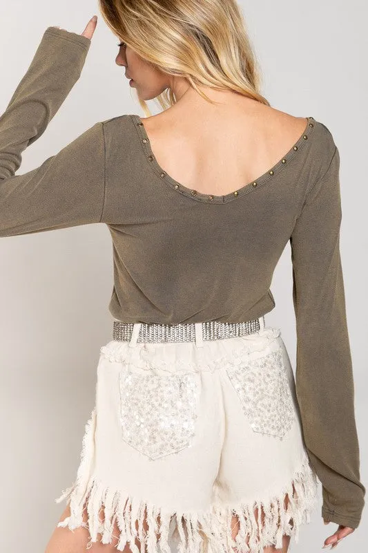 Studded Ribbed V-Neck Top - POL