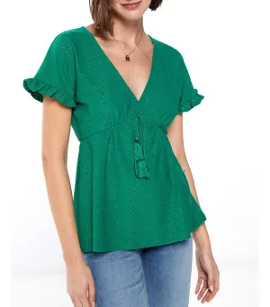Swiss Embroidery Lace Tassels T-Shirt Green