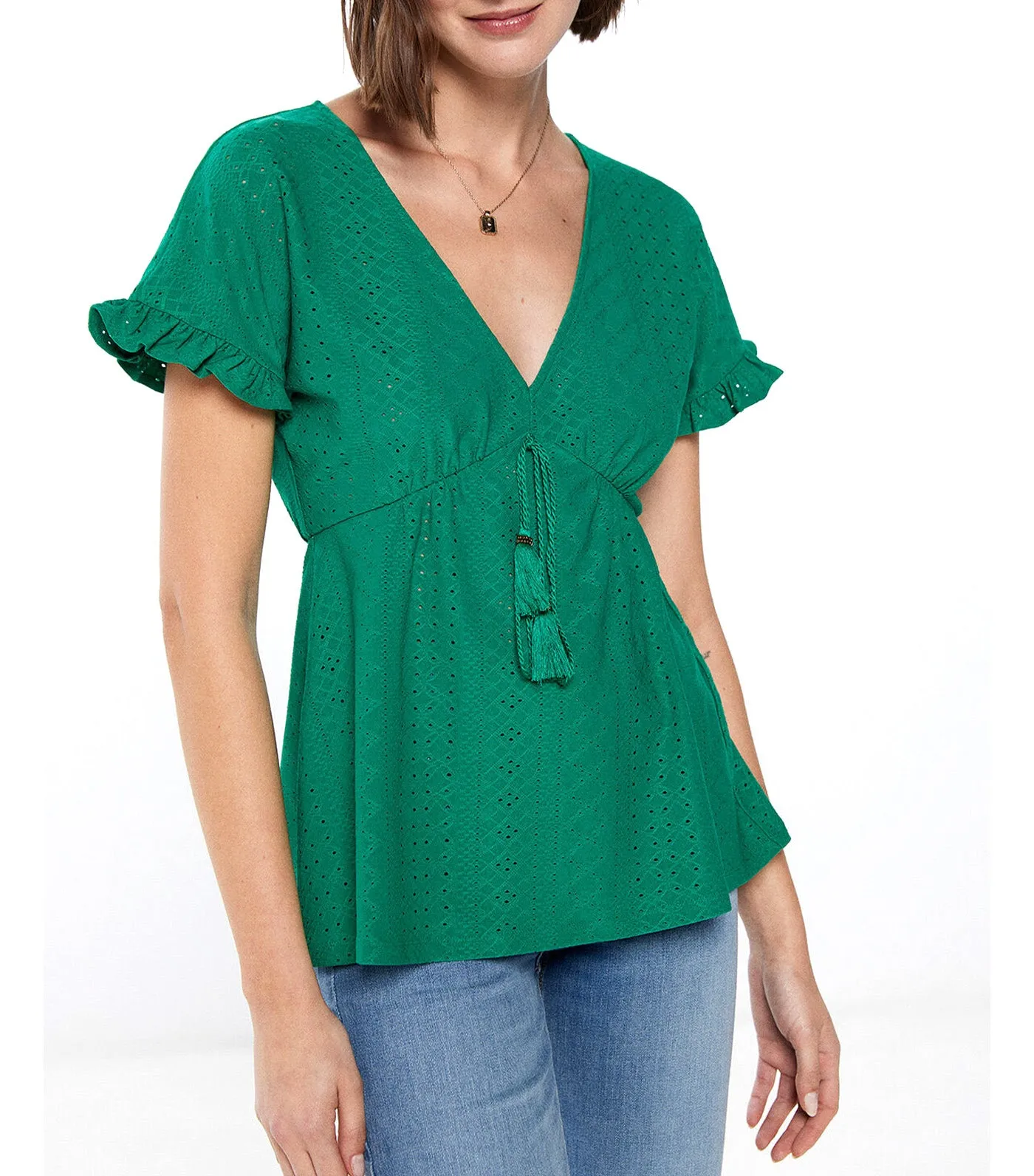 Swiss Embroidery Lace Tassels T-Shirt Green