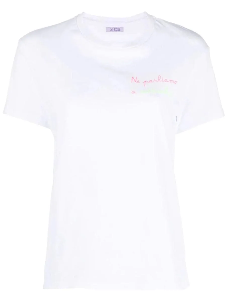T-shirt in cotone ricamata con slogan