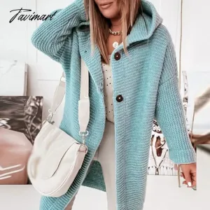 Tavimart Winter Casual Warm Hooded Long Sleeve Sweaters Women Loose Solid Color Knitted Tops Autumn Commute Simple Basic Cardigan Sweater