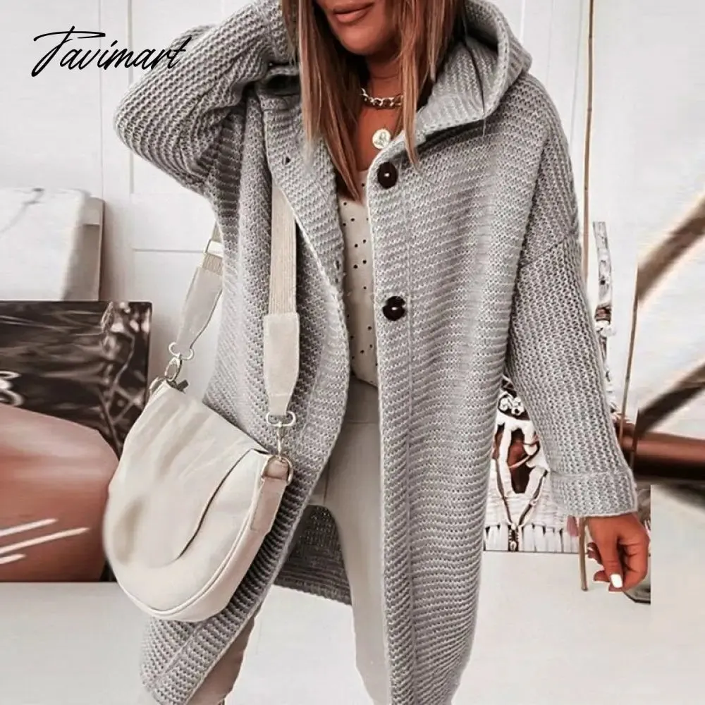 Tavimart Winter Casual Warm Hooded Long Sleeve Sweaters Women Loose Solid Color Knitted Tops Autumn Commute Simple Basic Cardigan Sweater