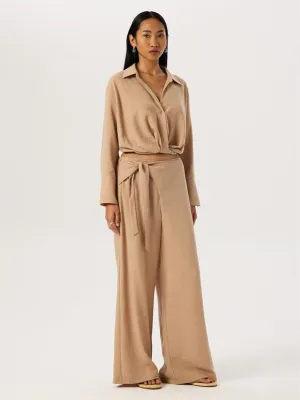 Tie Waist Detailed Slippery Pants - Beige