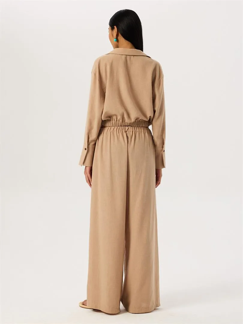 Tie Waist Detailed Slippery Pants - Beige