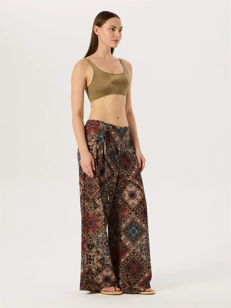 Tie Waist Detailed Slippery Pants - Bohemian Pattern