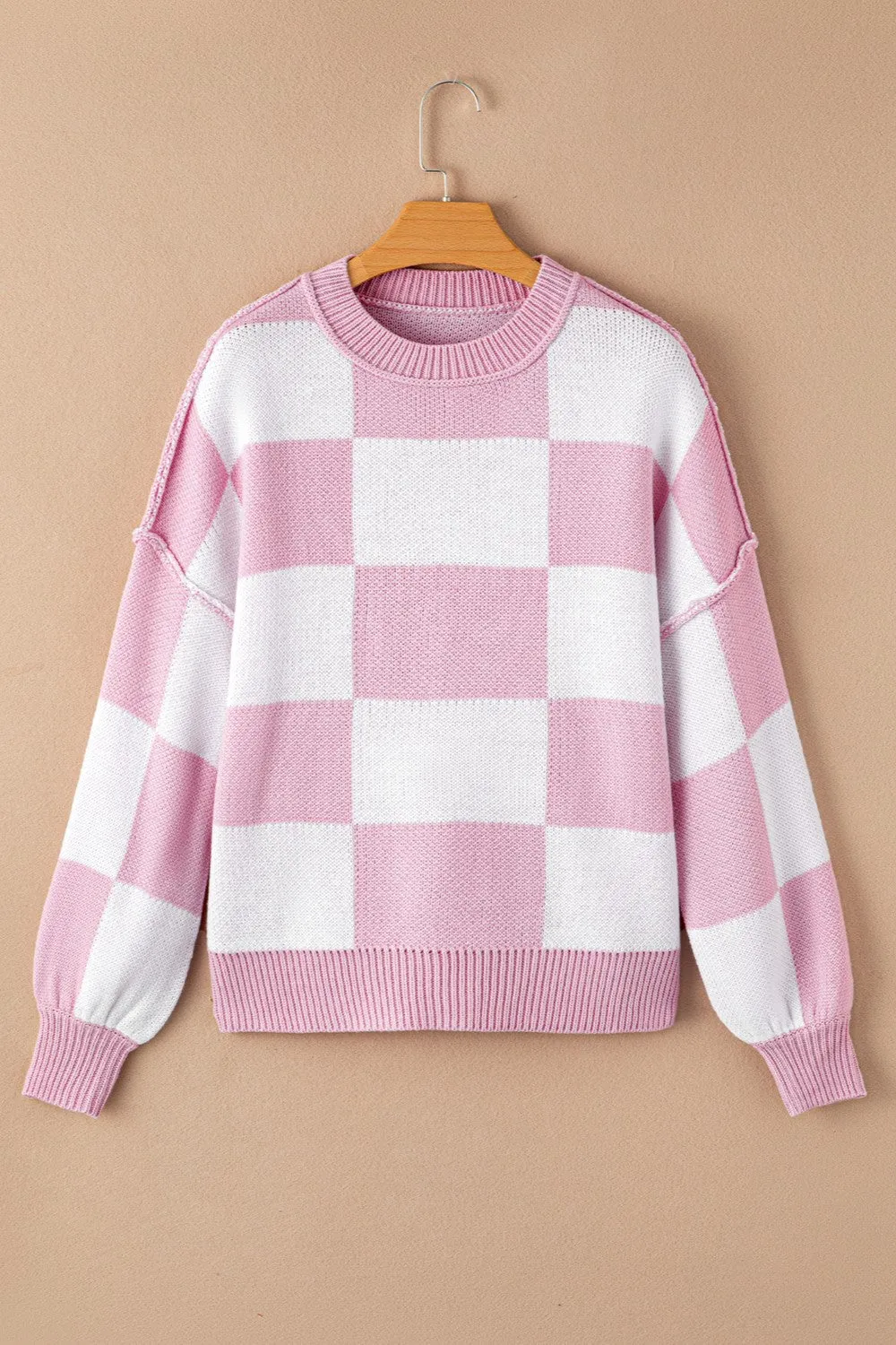 Timeless Coziness Exposed Seam Checkered Sweater