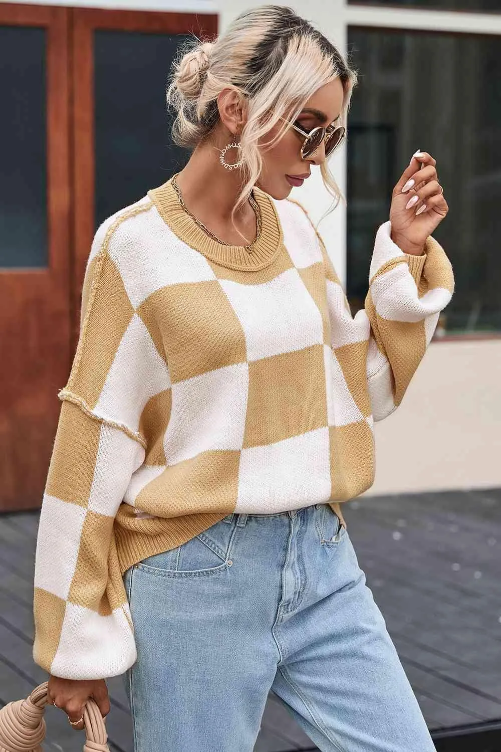 Timeless Coziness Exposed Seam Checkered Sweater