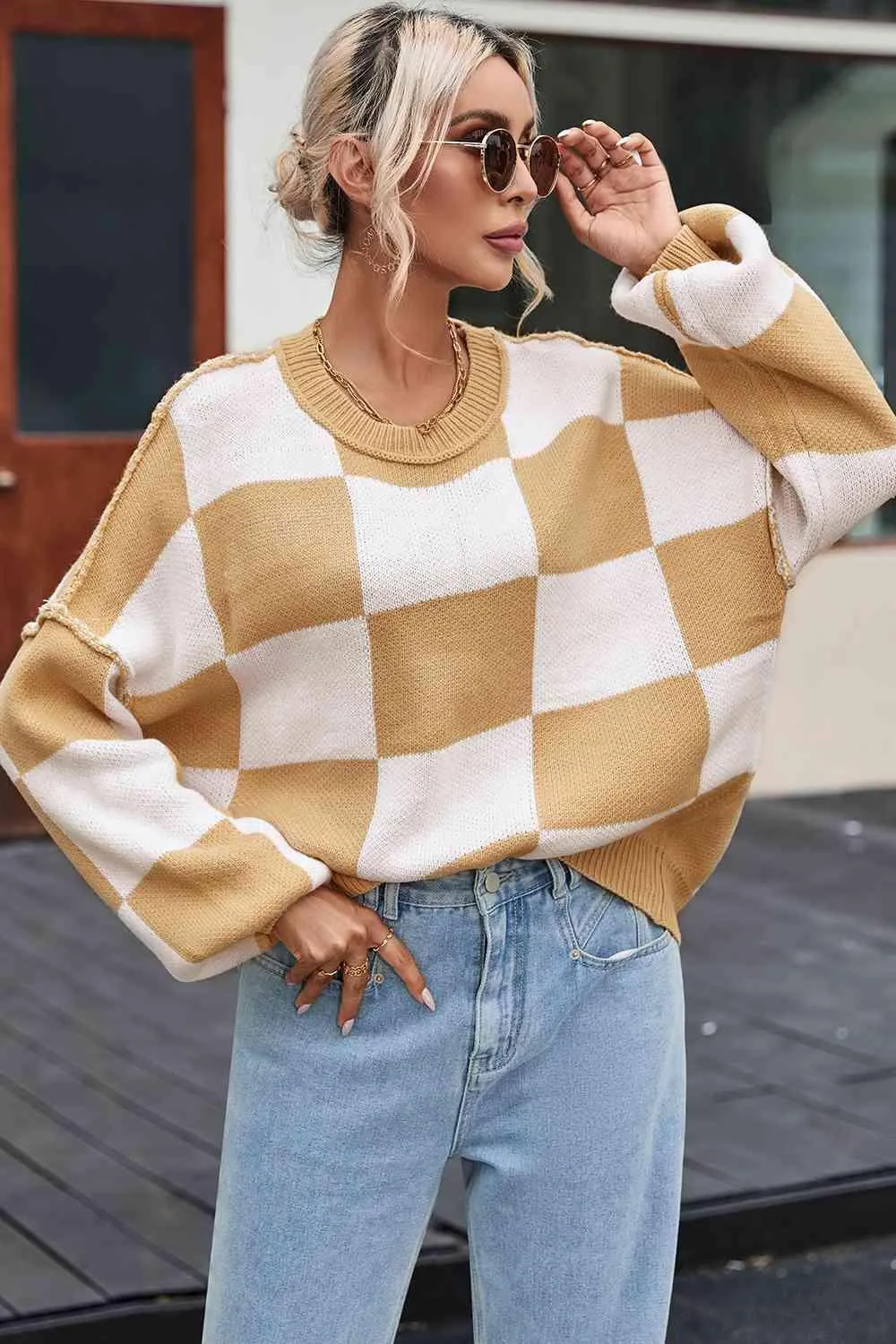 Timeless Coziness Exposed Seam Checkered Sweater