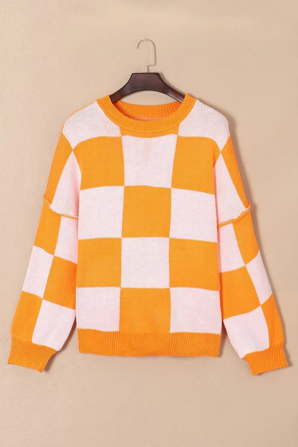 Timeless Coziness Exposed Seam Checkered Sweater