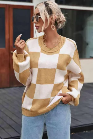Timeless Coziness Exposed Seam Checkered Sweater