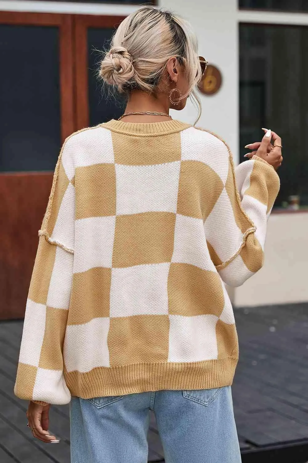 Timeless Coziness Exposed Seam Checkered Sweater