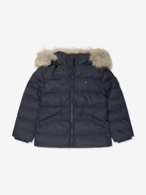 Tommy Hilfiger Girls Essential Down Fur Hood Jacket in Navy
