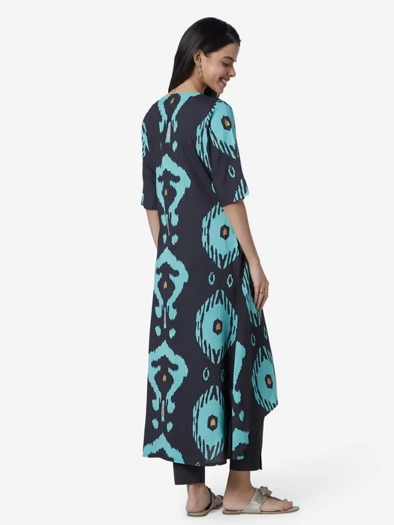 Utsa Charcoal Ikat Print High-Low Kurta
