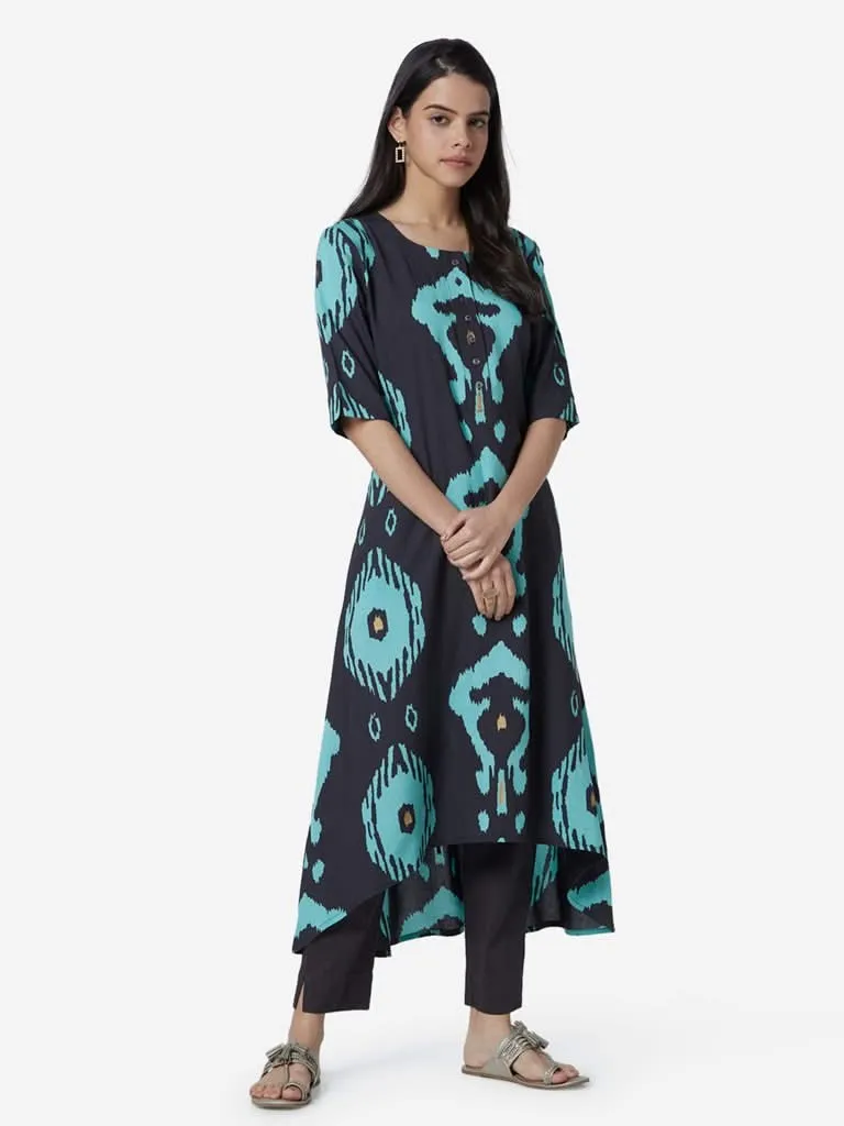 Utsa Charcoal Ikat Print High-Low Kurta
