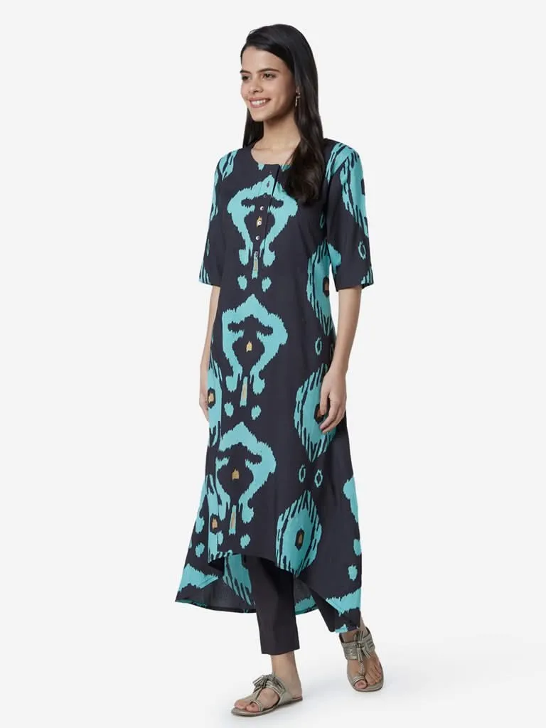 Utsa Charcoal Ikat Print High-Low Kurta