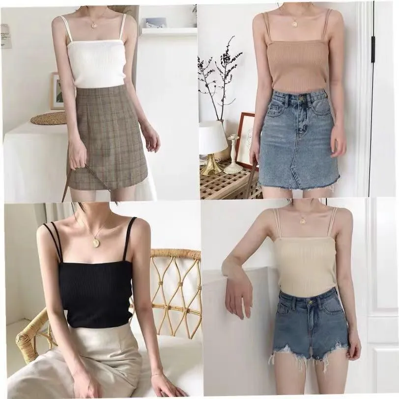 Versatile double straps slim knit bottoming shirt top