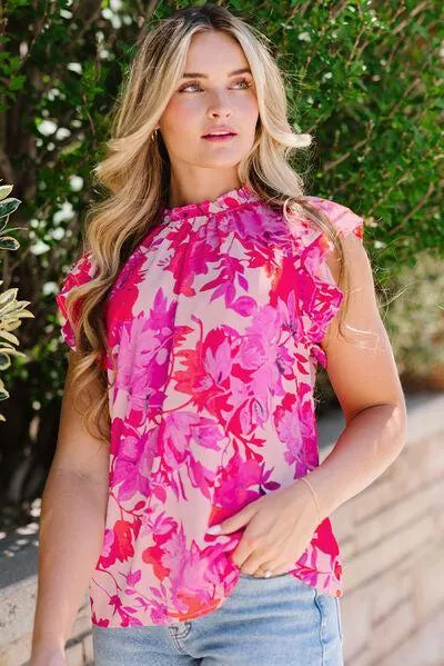 Vivacious Ruffled Mock Neck Floral Blouse