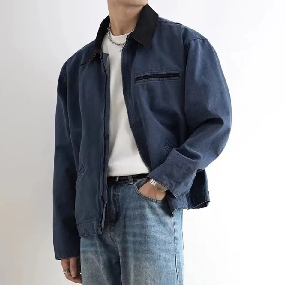 Wiaofellas  -  American Trendy Tooling Mens Jackets Vintage Solid Distressed Bomber Coats Patchwork Zipper Pocket High Street Short Outwear