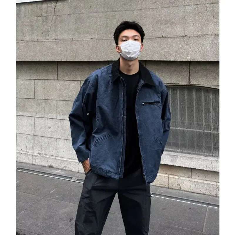 Wiaofellas  -  American Trendy Tooling Mens Jackets Vintage Solid Distressed Bomber Coats Patchwork Zipper Pocket High Street Short Outwear