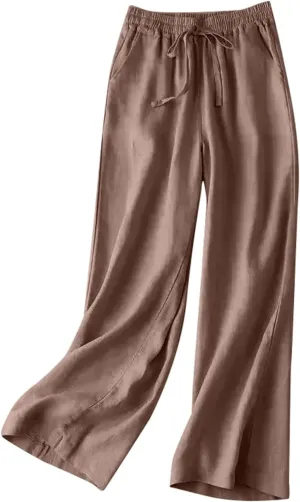 Wide Leg Pants for Women, Straight Leg Drawstring Linen Pants Wide High