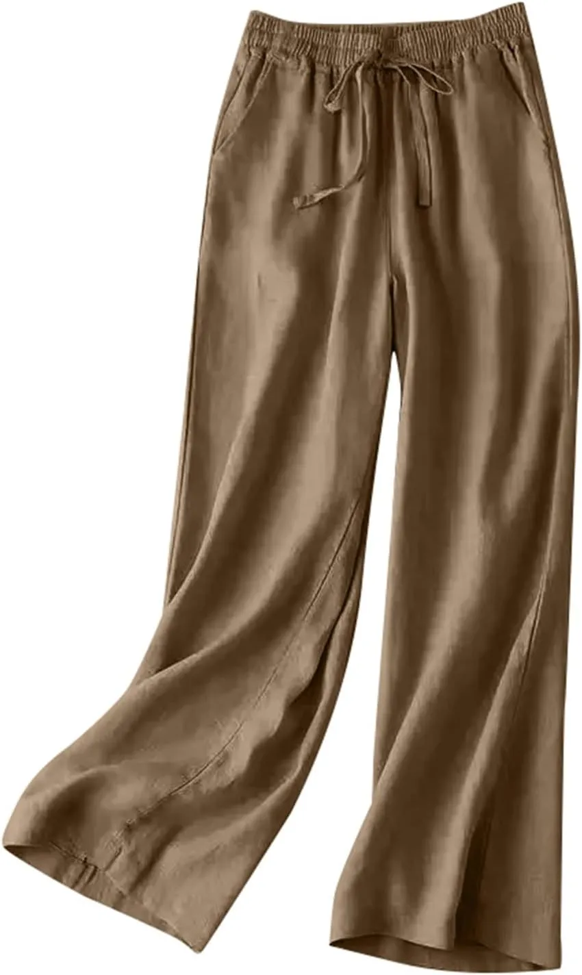 Wide Leg Pants for Women, Straight Leg Drawstring Linen Pants Wide High