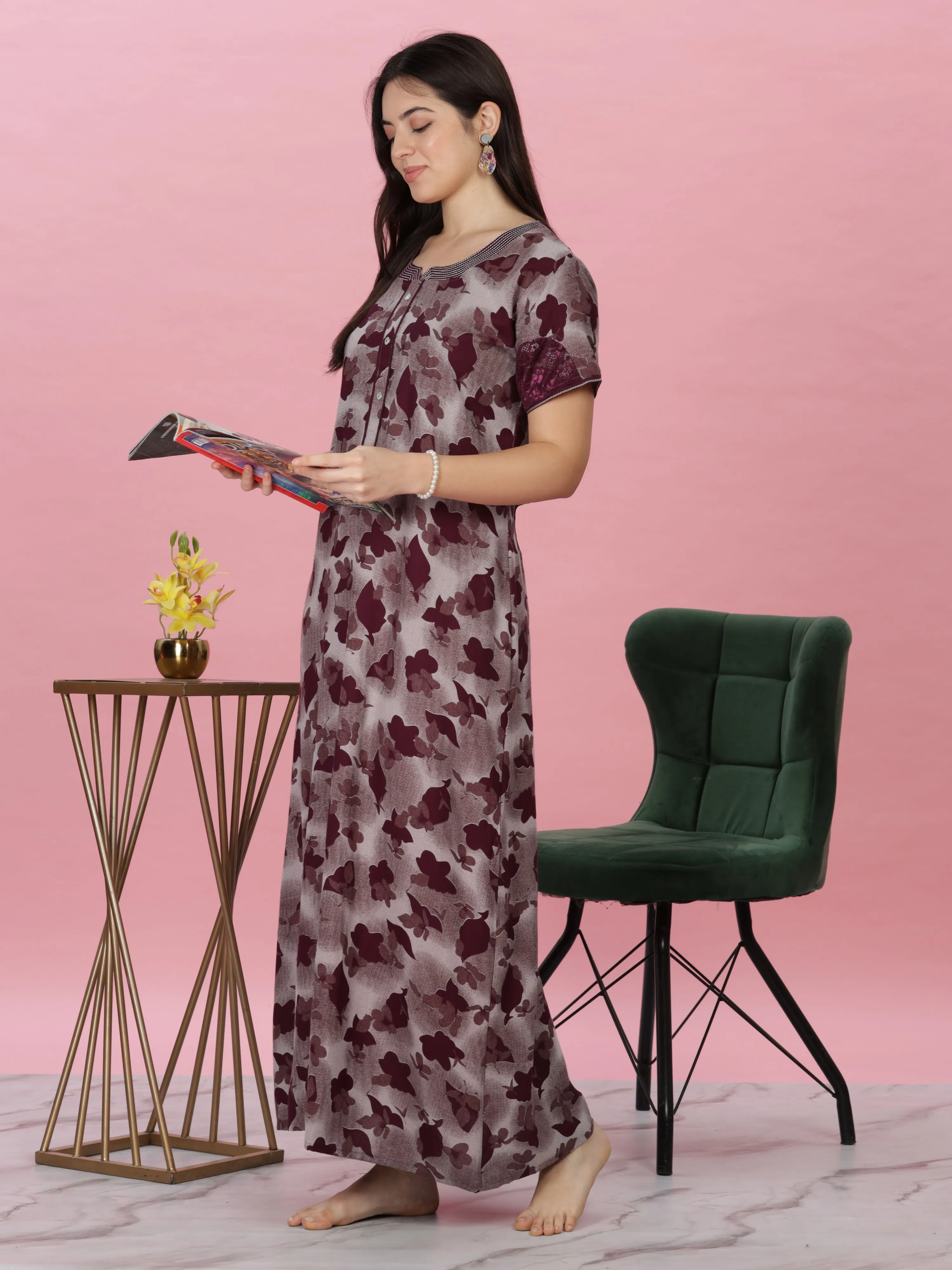 Wine Alpine Nighty - Luxurious Comfort with Embroidery and Pocket