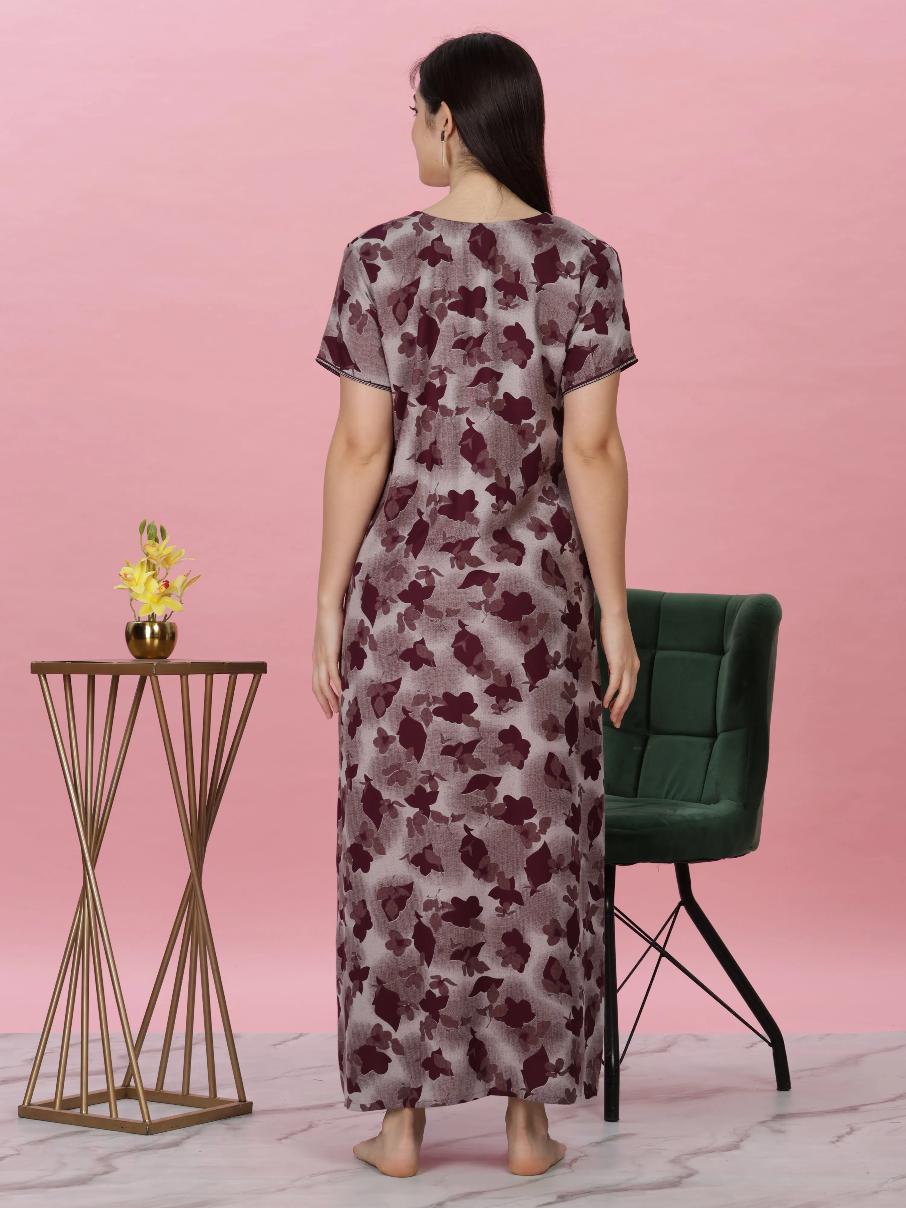 Wine Alpine Nighty - Luxurious Comfort with Embroidery and Pocket