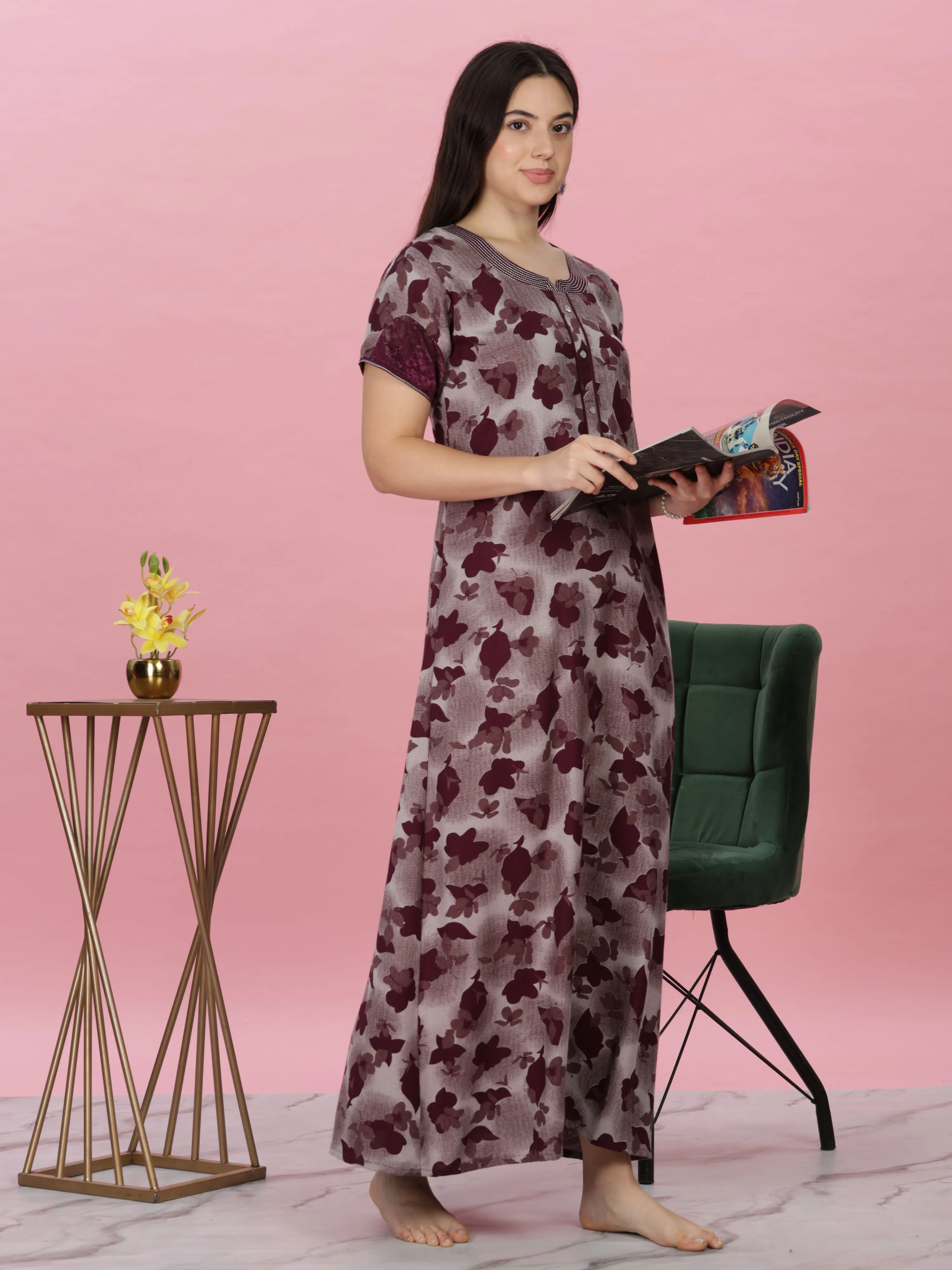 Wine Alpine Nighty - Luxurious Comfort with Embroidery and Pocket