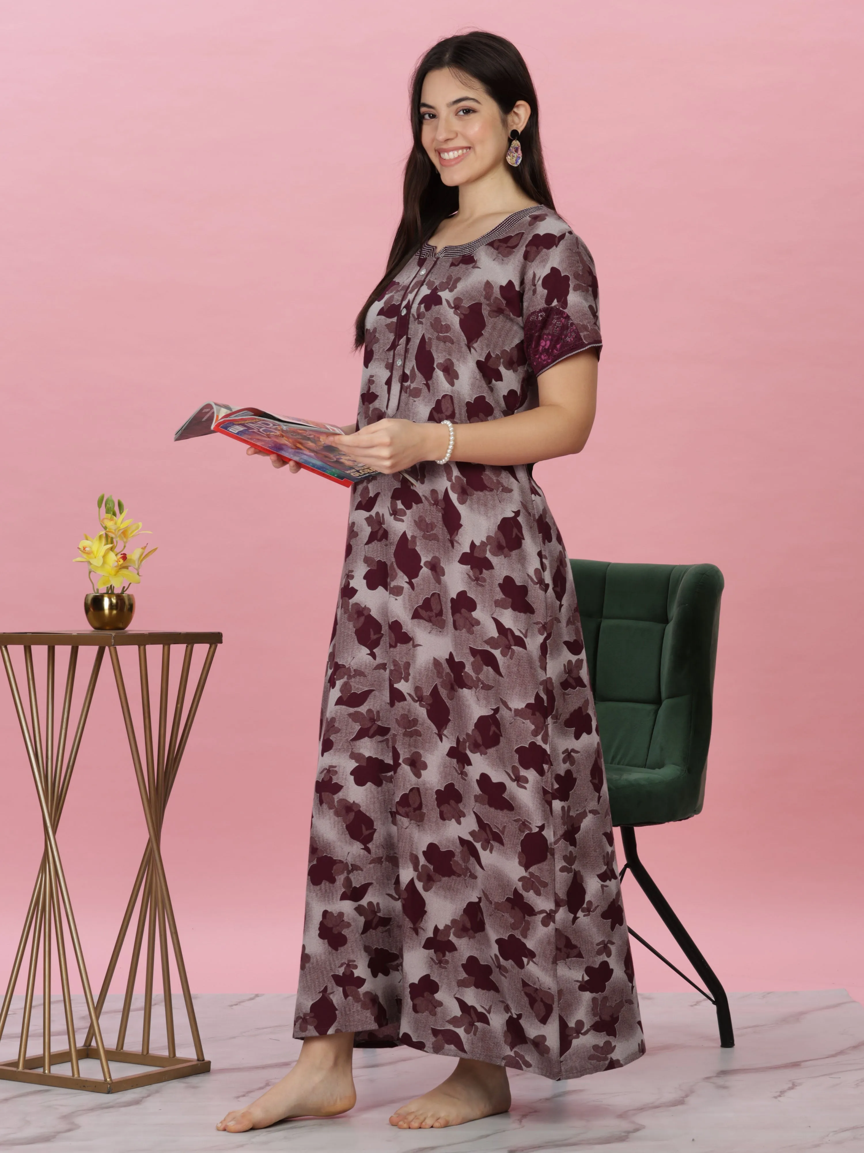 Wine Alpine Nighty - Luxurious Comfort with Embroidery and Pocket