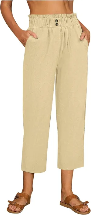 Women Capri Pants for Summer High Waisted Wide Leg Lounge Pants Drawstring Ruffled Causal Palazzo Trouser with Pocket