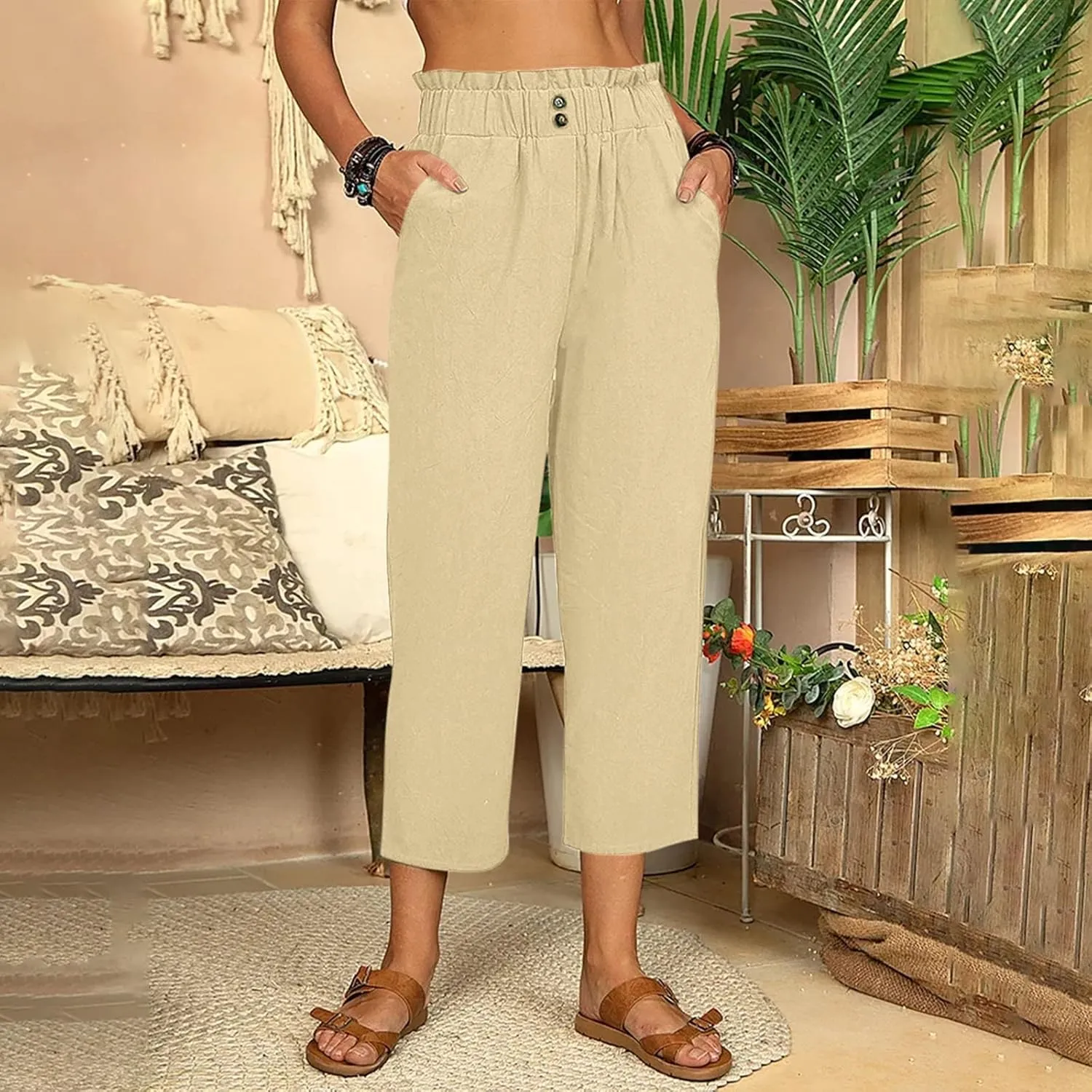 Women Capri Pants for Summer High Waisted Wide Leg Lounge Pants Drawstring Ruffled Causal Palazzo Trouser with Pocket