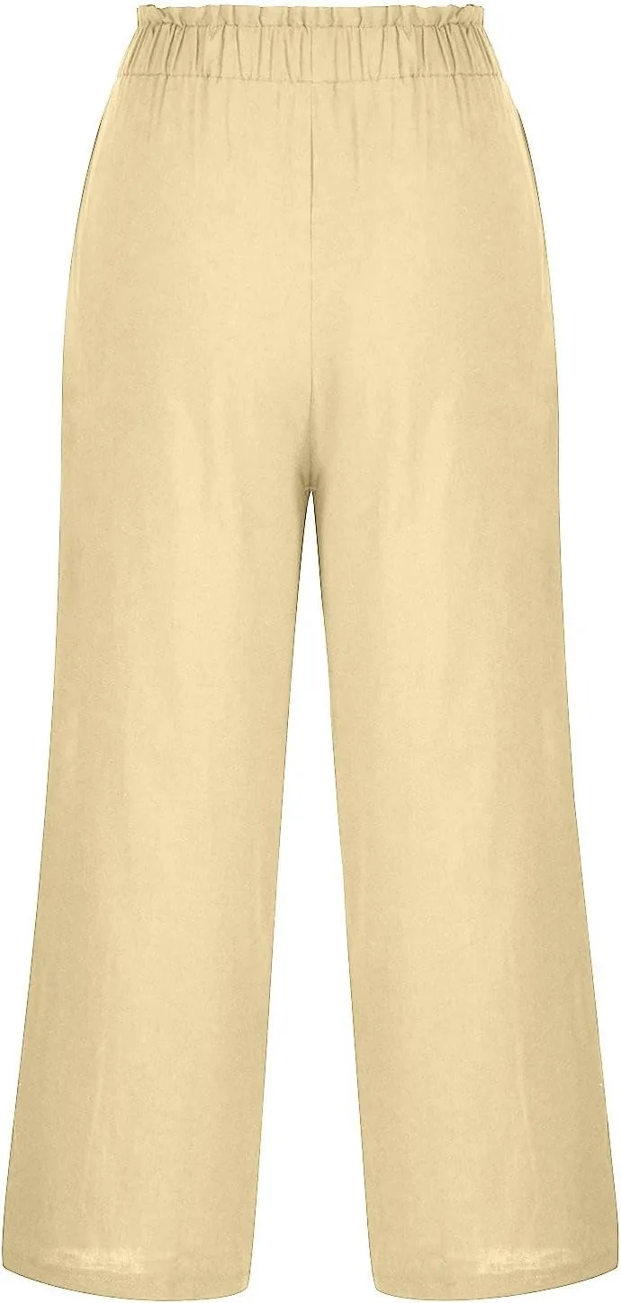 Women Capri Pants for Summer High Waisted Wide Leg Lounge Pants Drawstring Ruffled Causal Palazzo Trouser with Pocket