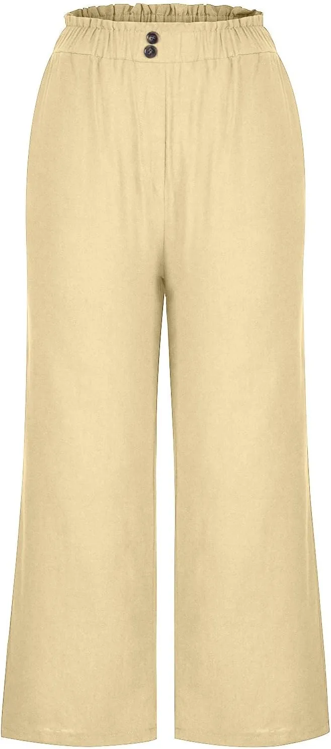 Women Capri Pants for Summer High Waisted Wide Leg Lounge Pants Drawstring Ruffled Causal Palazzo Trouser with Pocket
