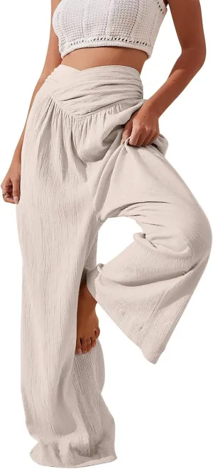 Women Culottes Wide Leg Pants Wide Leg Palazzo Linen Drawstring Cropped Trousers Elastic Waist Casual Pants Pockets