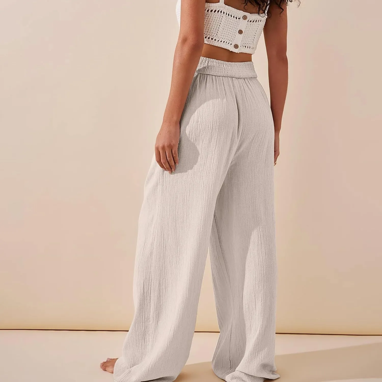 Women Culottes Wide Leg Pants Wide Leg Palazzo Linen Drawstring Cropped Trousers Elastic Waist Casual Pants Pockets