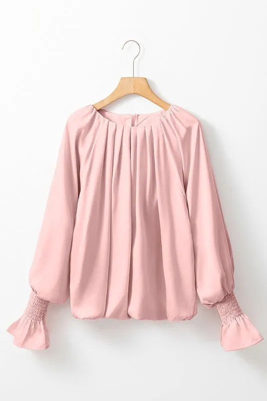 Women Round Neck Flounce Sleeve Satin Blouse