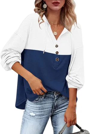 Women's Fashion Hoodies Sweatshirts Casual Button V-Neck Henley Shirts Long Sleeve Color Block Oversized Pullover Tops