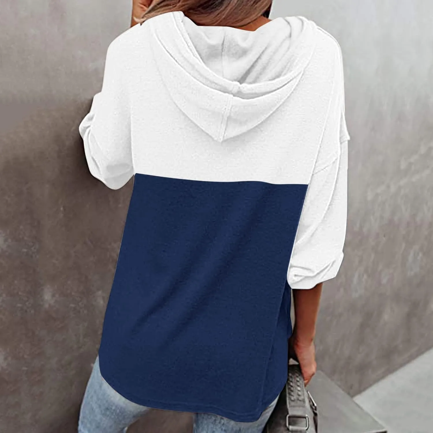 Women's Fashion Hoodies Sweatshirts Casual Button V-Neck Henley Shirts Long Sleeve Color Block Oversized Pullover Tops