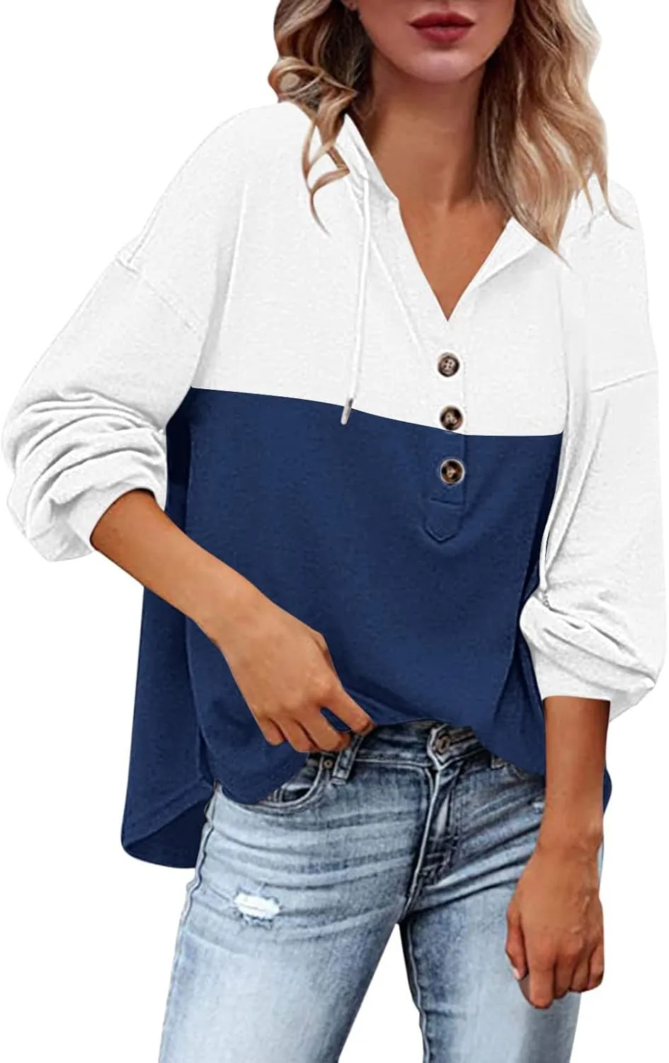 Women's Fashion Hoodies Sweatshirts Casual Button V-Neck Henley Shirts Long Sleeve Color Block Oversized Pullover Tops