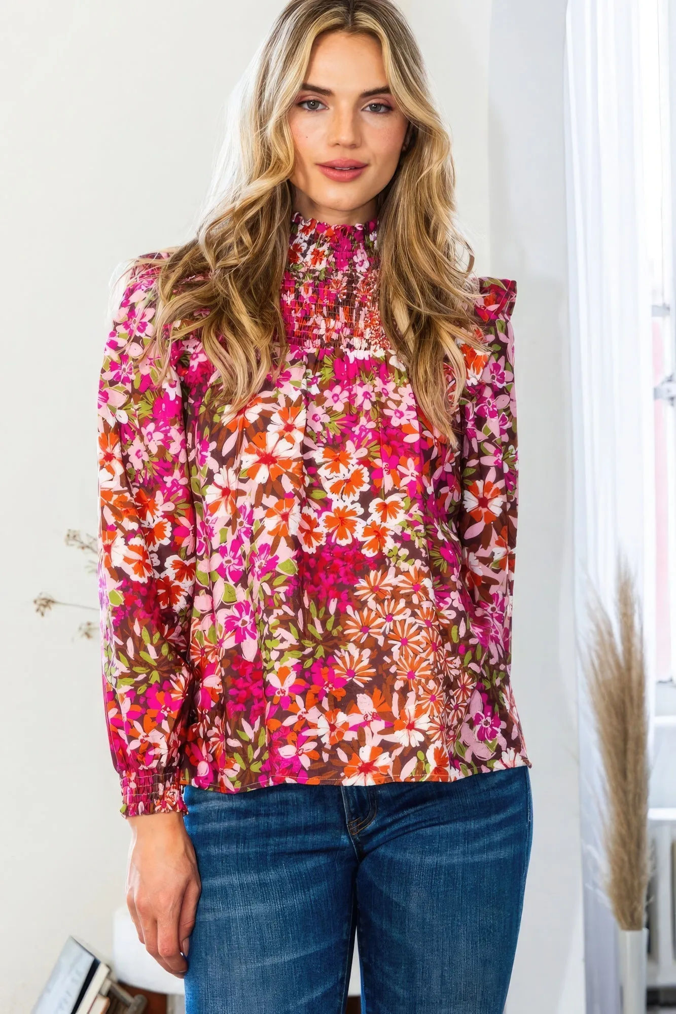 Women's Floral Mock Neck Smocked Yoke Blouse